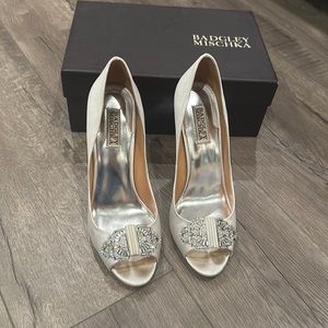 Badgley Mischka white satin pumps